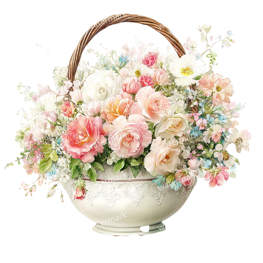 【商用利用可】花かご(水彩フローラルバスケット)クリップアート17点セット|高解像度・透過PNG|印刷OK・コラージュ・ジャンクジャーナル素材|即ダウンロード