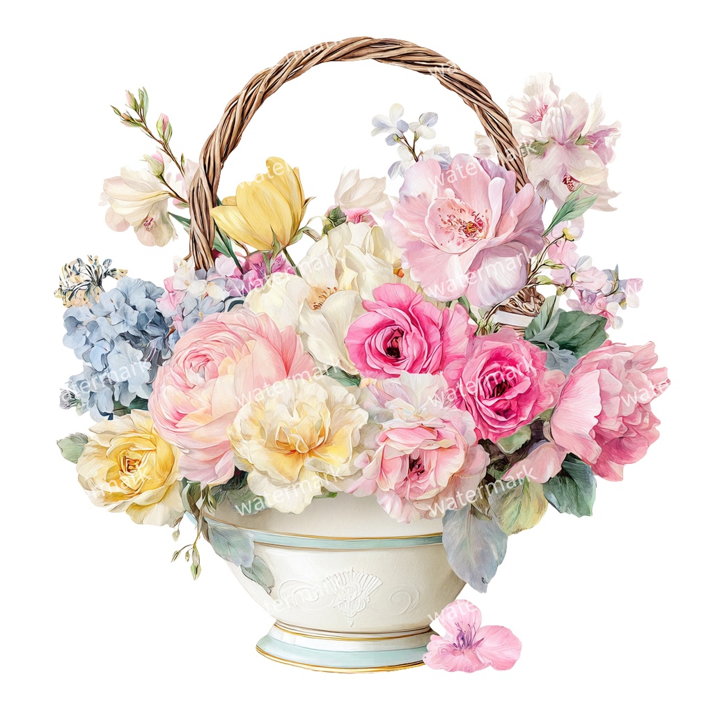 【商用利用可】花かご(水彩フローラルバスケット)クリップアート17点セット|高解像度・透過PNG|印刷OK・コラージュ・ジャンクジャーナル素材|即ダウンロード