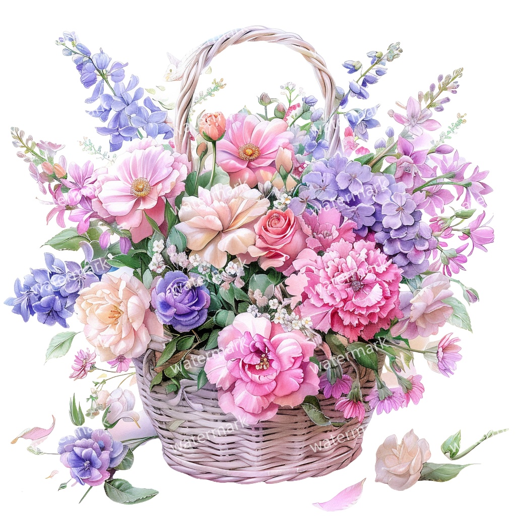 【商用利用可】花かご(水彩フローラルバスケット)クリップアート17点セット|高解像度・透過PNG|印刷OK・コラージュ・ジャンクジャーナル素材|即ダウンロード