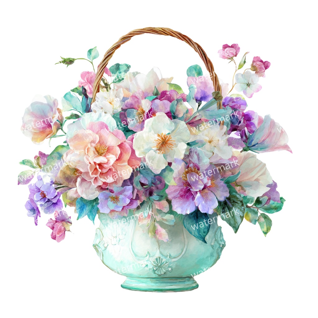 【商用利用可】花かご(水彩フローラルバスケット)クリップアート17点セット|高解像度・透過PNG|印刷OK・コラージュ・ジャンクジャーナル素材|即ダウンロード