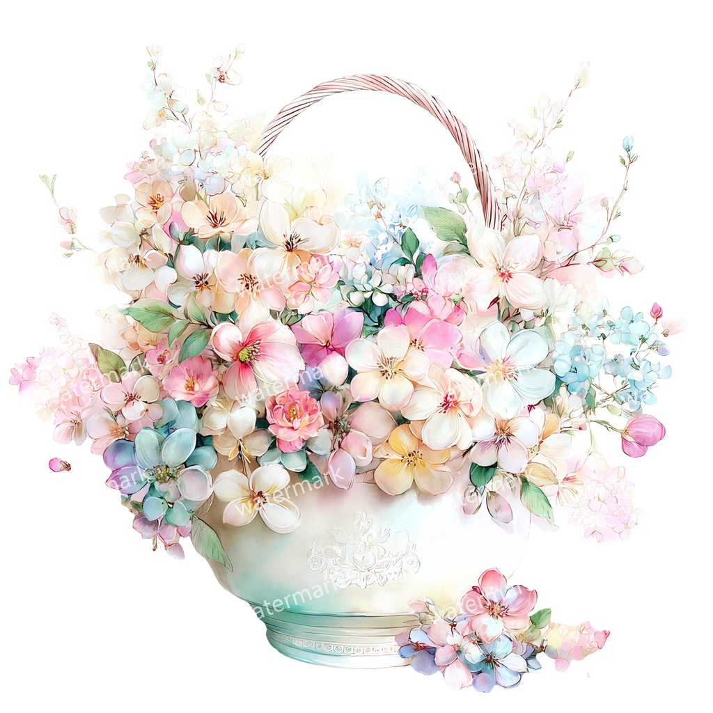 【商用利用可】花かご(水彩フローラルバスケット)クリップアート17点セット|高解像度・透過PNG|印刷OK・コラージュ・ジャンクジャーナル素材|即ダウンロード