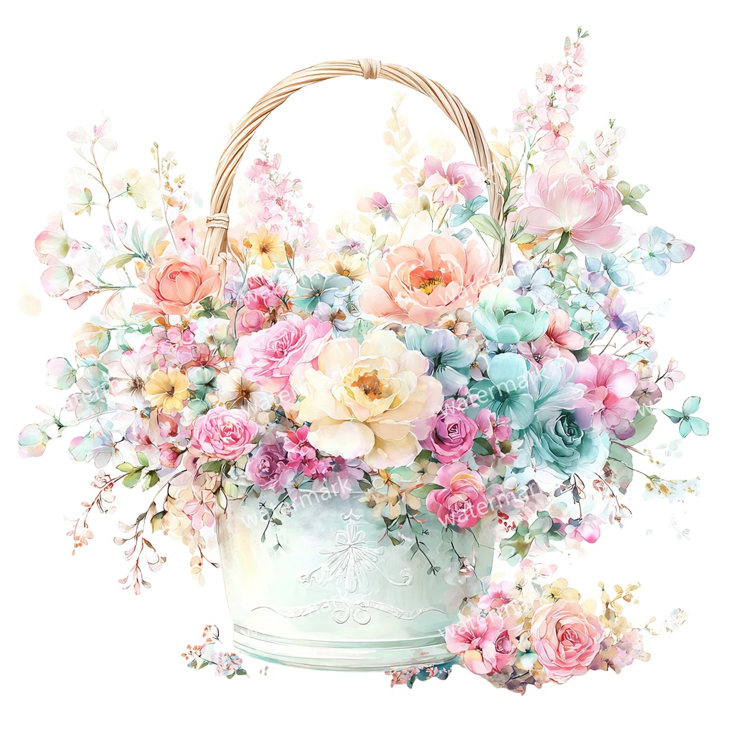 【商用利用可】花かご(水彩フローラルバスケット)クリップアート17点セット|高解像度・透過PNG|印刷OK・コラージュ・ジャンクジャーナル素材|即ダウンロード