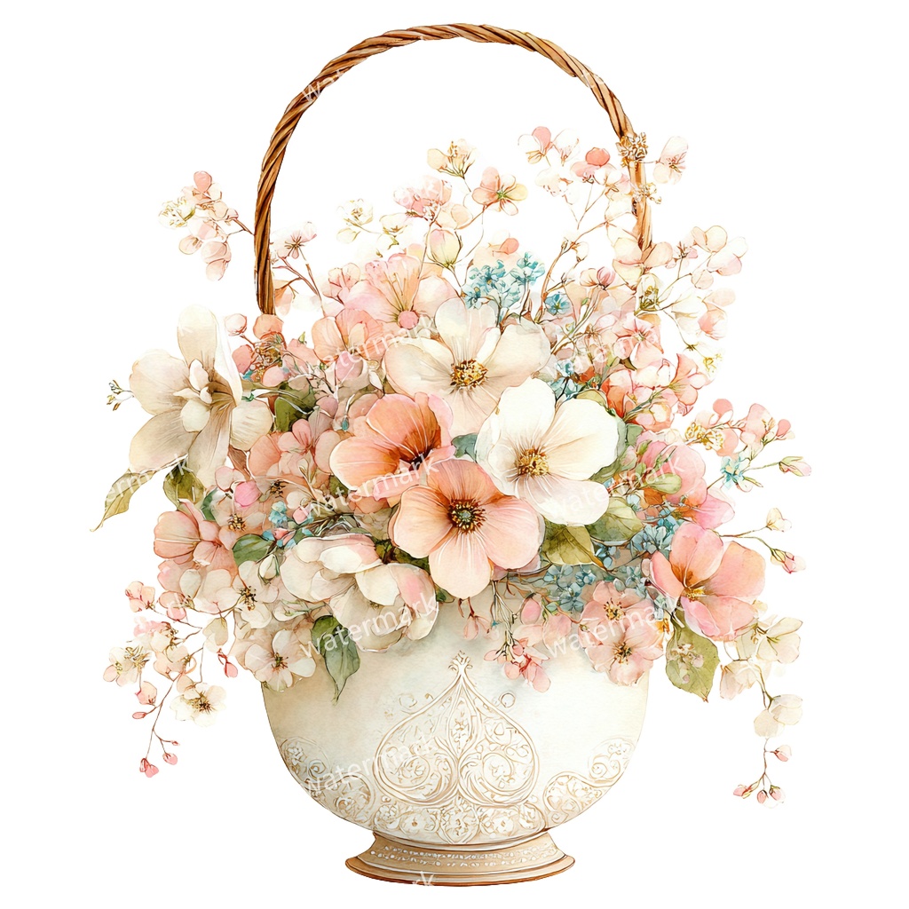 【商用利用可】花かご(水彩フローラルバスケット)クリップアート17点セット|高解像度・透過PNG|印刷OK・コラージュ・ジャンクジャーナル素材|即ダウンロード