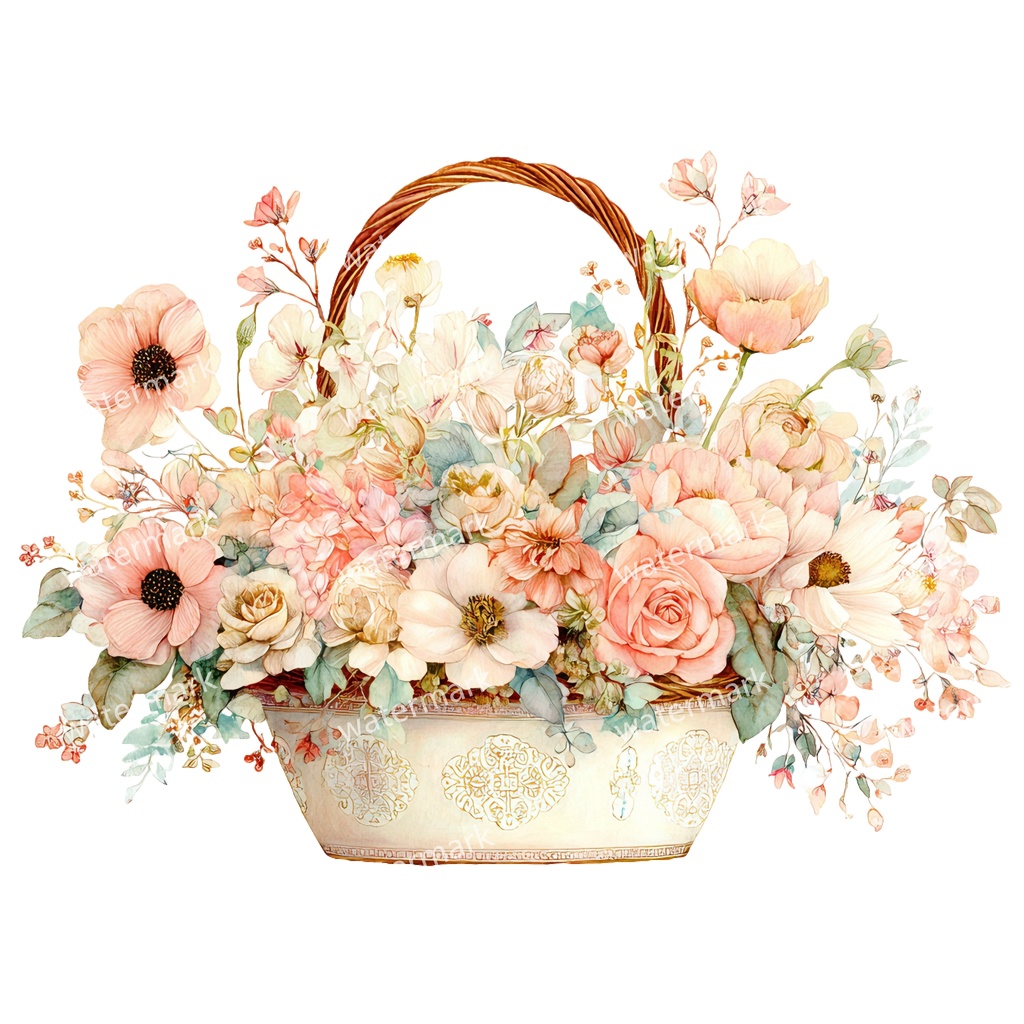 【商用利用可】花かご(水彩フローラルバスケット)クリップアート17点セット|高解像度・透過PNG|印刷OK・コラージュ・ジャンクジャーナル素材|即ダウンロード