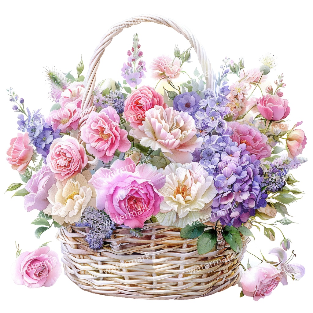 【商用利用可】花かご(水彩フローラルバスケット)クリップアート17点セット|高解像度・透過PNG|印刷OK・コラージュ・ジャンクジャーナル素材|即ダウンロード
