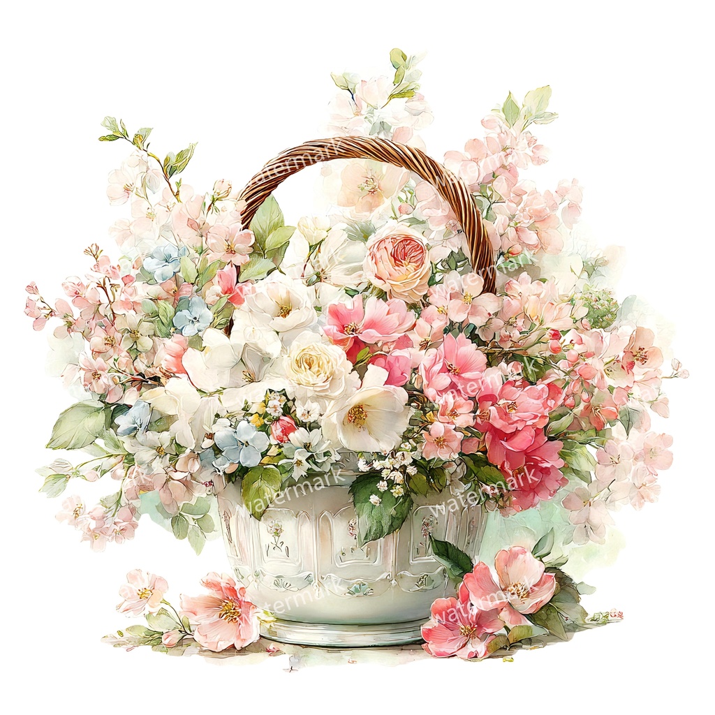 【商用利用可】花かご(水彩フローラルバスケット)クリップアート17点セット|高解像度・透過PNG|印刷OK・コラージュ・ジャンクジャーナル素材|即ダウンロード