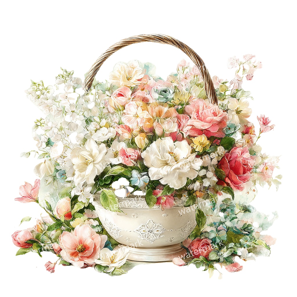 【商用利用可】花かご(水彩フローラルバスケット)クリップアート17点セット|高解像度・透過PNG|印刷OK・コラージュ・ジャンクジャーナル素材|即ダウンロード