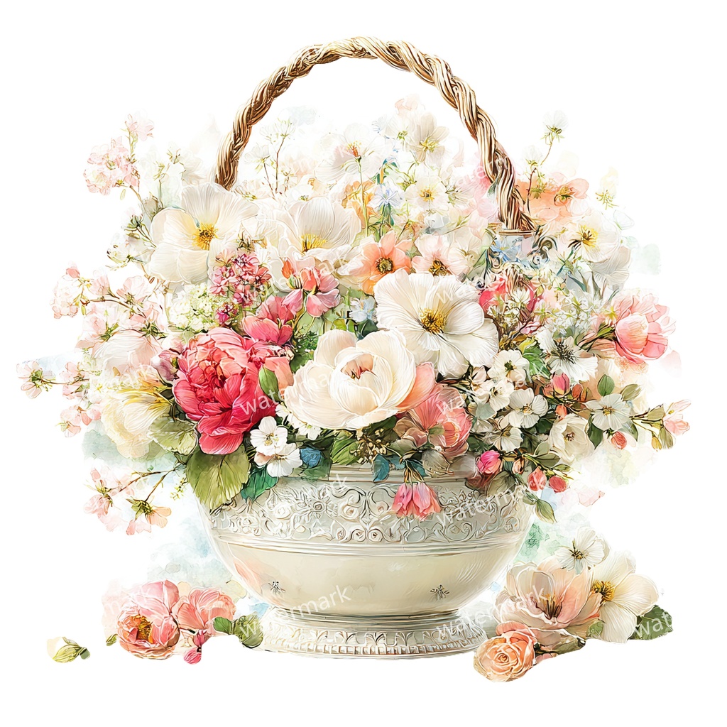 【商用利用可】花かご(水彩フローラルバスケット)クリップアート17点セット|高解像度・透過PNG|印刷OK・コラージュ・ジャンクジャーナル素材|即ダウンロード