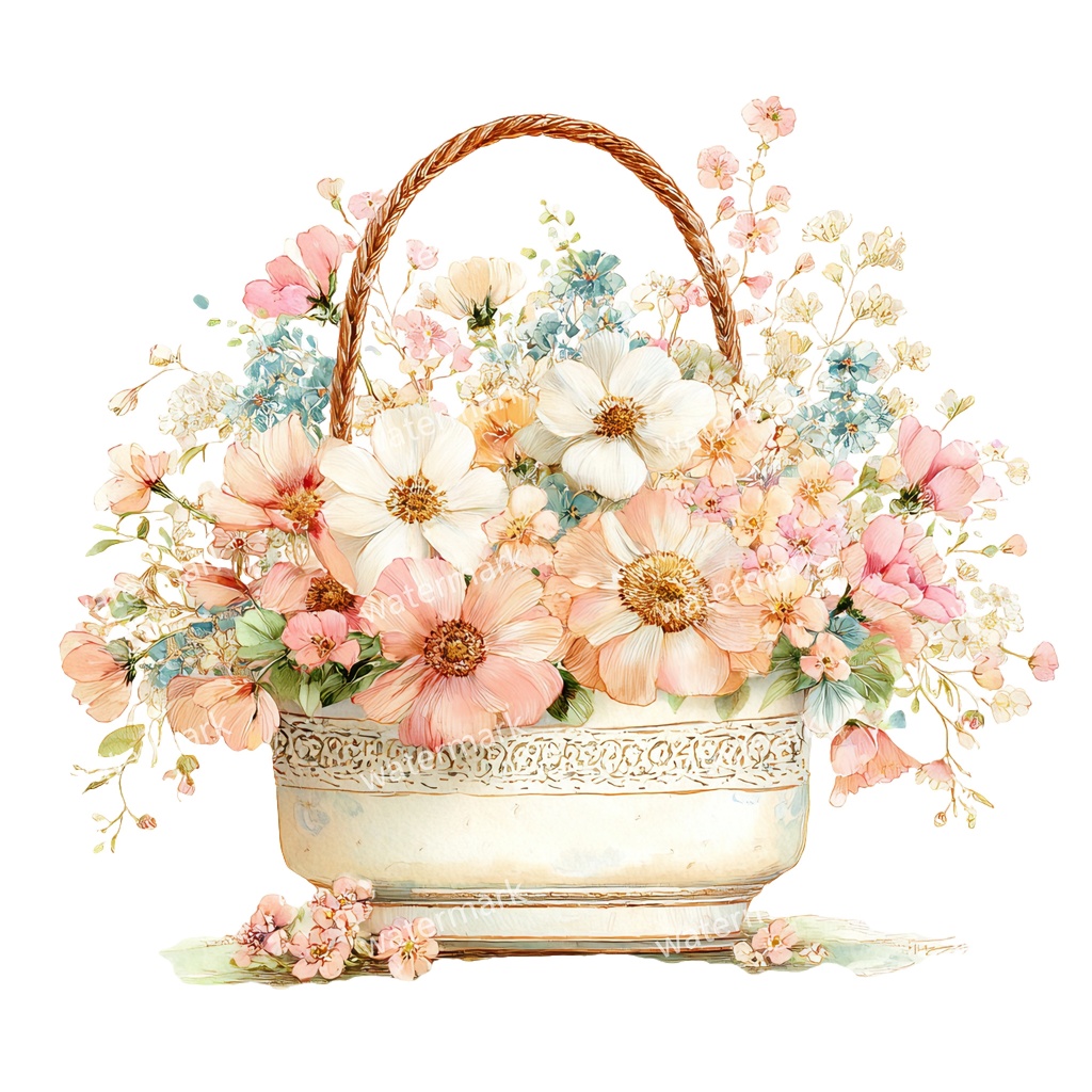 【商用利用可】花かご(水彩フローラルバスケット)クリップアート17点セット|高解像度・透過PNG|印刷OK・コラージュ・ジャンクジャーナル素材|即ダウンロード