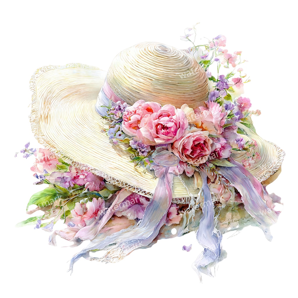 【商用利用可】麦わら帽子と花(水彩フローラル)クリップアート20点セット|高解像度・透過PNG|印刷OK・ジャンクジャーナル・手帳デコ素材|即ダウンロード