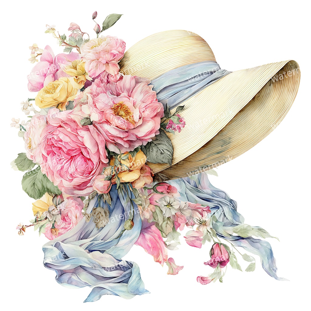 【商用利用可】麦わら帽子と花(水彩フローラル)クリップアート20点セット|高解像度・透過PNG|印刷OK・ジャンクジャーナル・手帳デコ素材|即ダウンロード
