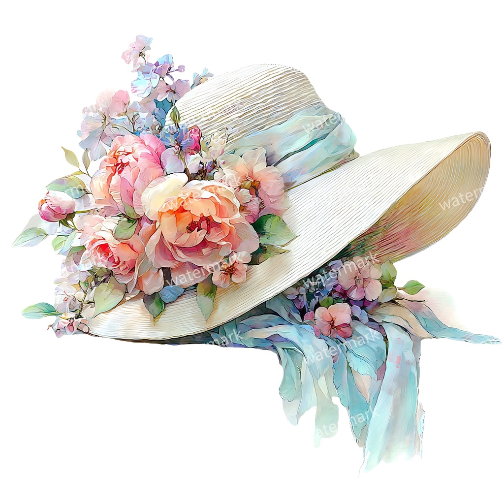 【商用利用可】麦わら帽子と花(水彩フローラル)クリップアート20点セット|高解像度・透過PNG|印刷OK・ジャンクジャーナル・手帳デコ素材|即ダウンロード