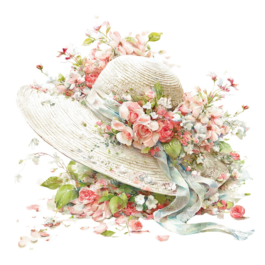 【商用利用可】麦わら帽子と花(水彩フローラル)クリップアート20点セット|高解像度・透過PNG|印刷OK・ジャンクジャーナル・手帳デコ素材|即ダウンロード