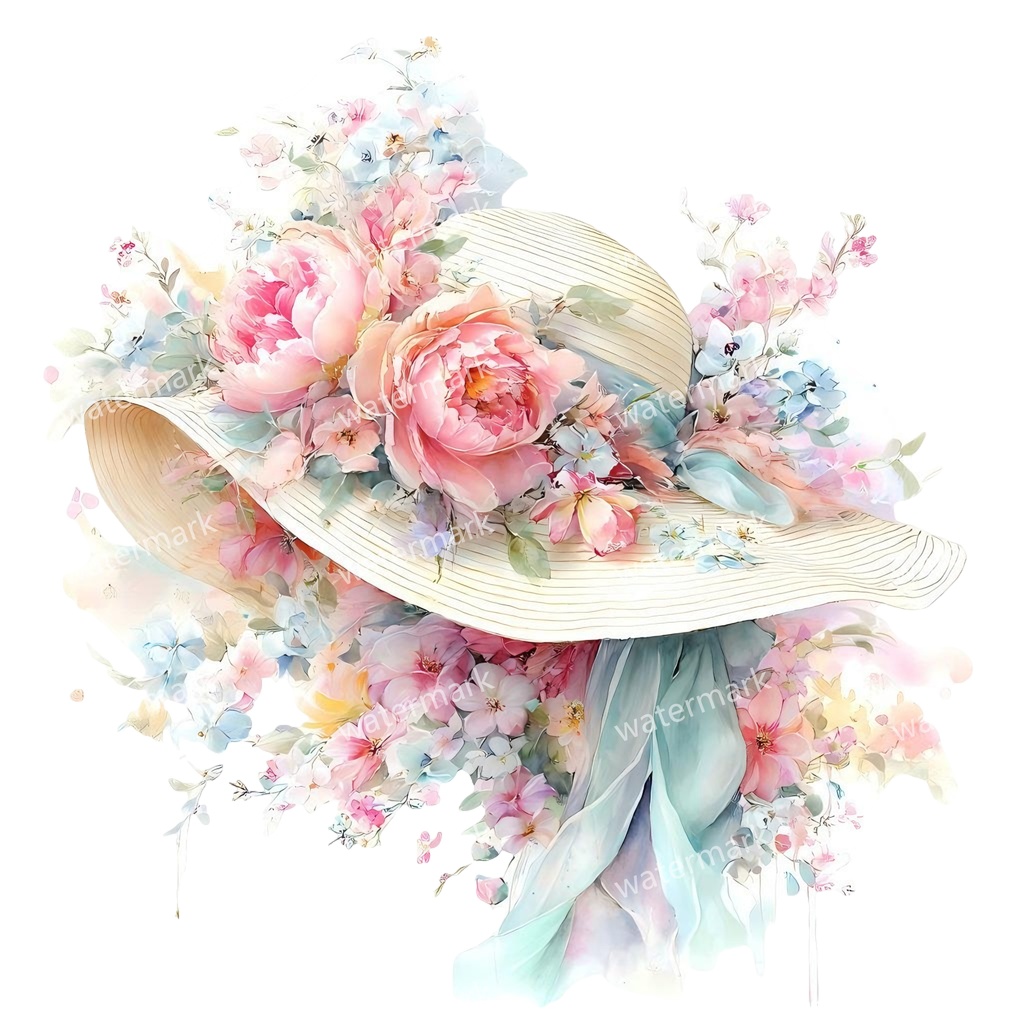 【商用利用可】麦わら帽子と花(水彩フローラル)クリップアート20点セット|高解像度・透過PNG|印刷OK・ジャンクジャーナル・手帳デコ素材|即ダウンロード