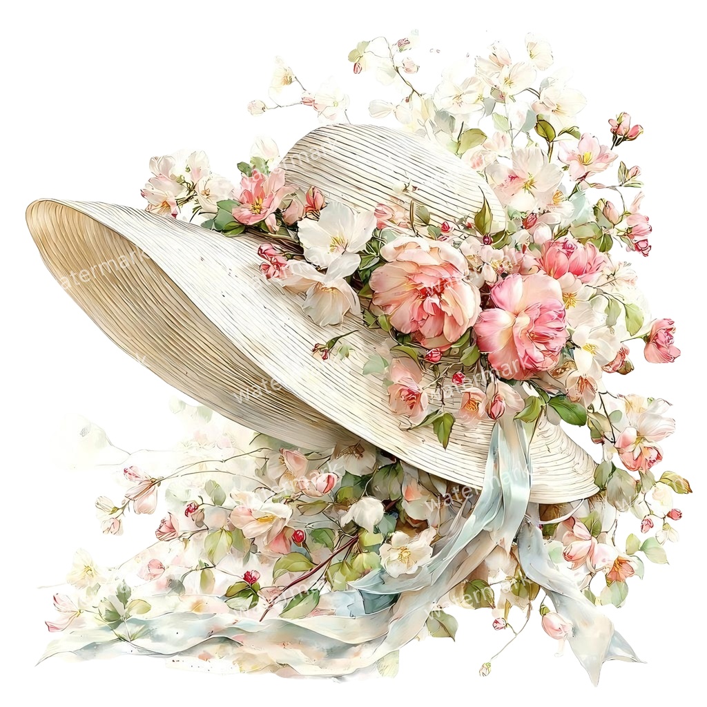 【商用利用可】麦わら帽子と花(水彩フローラル)クリップアート20点セット|高解像度・透過PNG|印刷OK・ジャンクジャーナル・手帳デコ素材|即ダウンロード