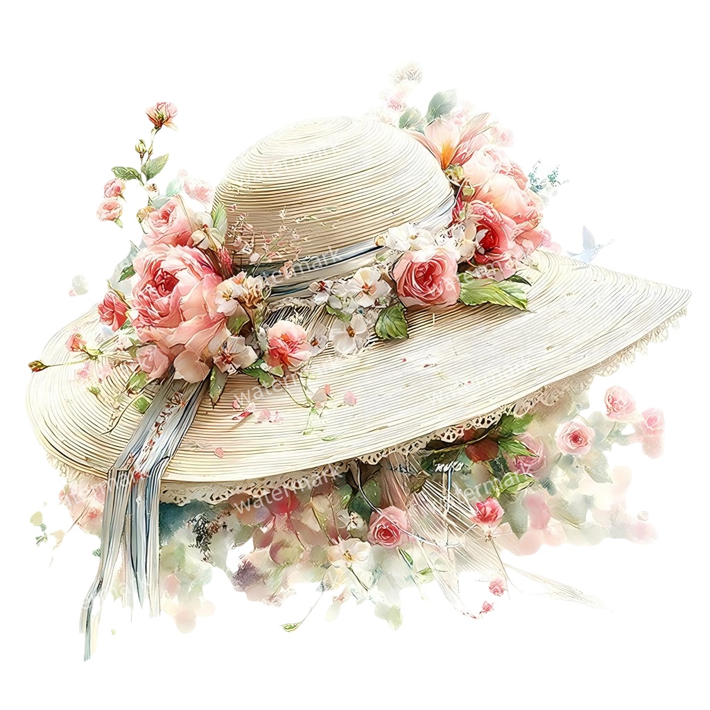 【商用利用可】麦わら帽子と花(水彩フローラル)クリップアート20点セット|高解像度・透過PNG|印刷OK・ジャンクジャーナル・手帳デコ素材|即ダウンロード