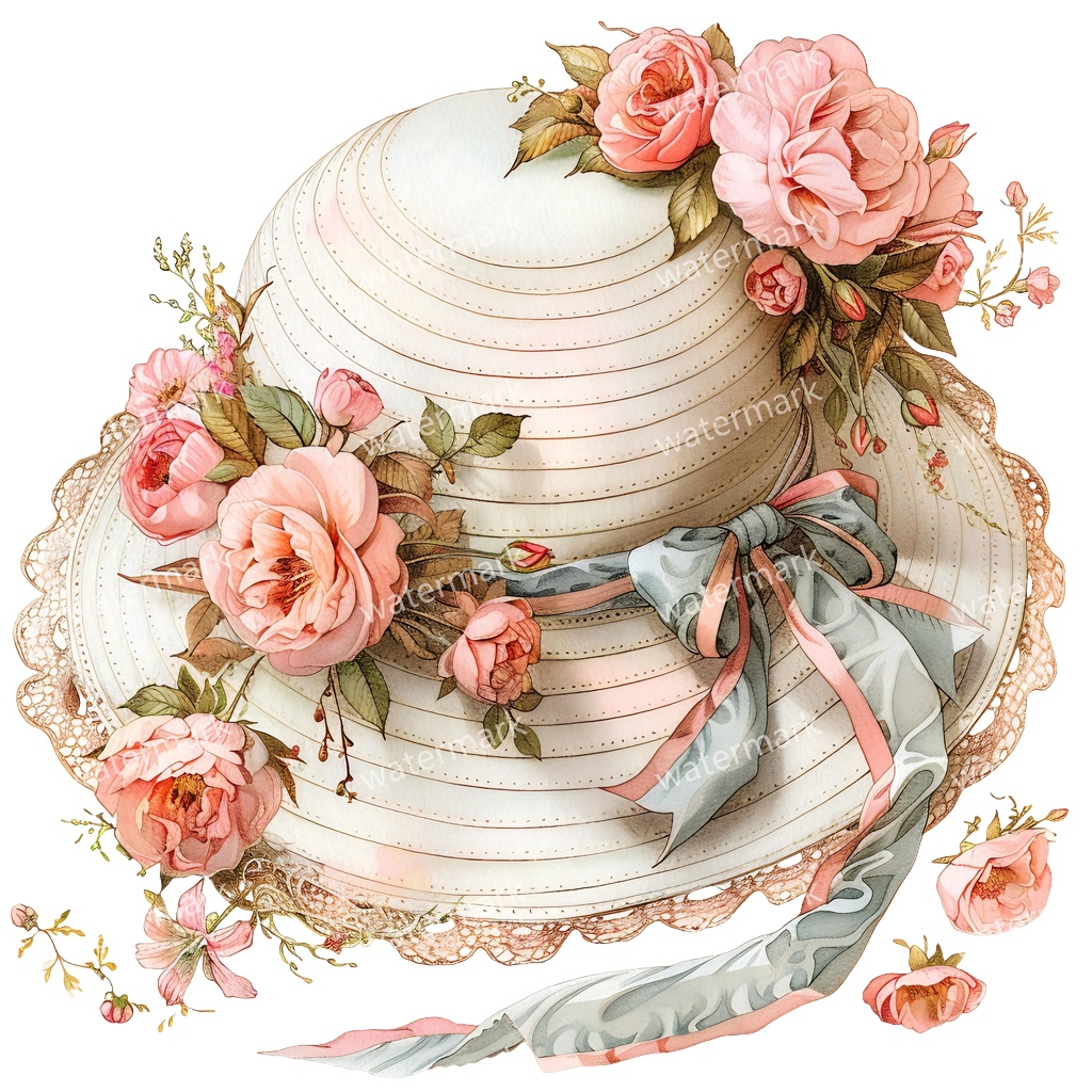 【商用利用可】麦わら帽子と花(水彩フローラル)クリップアート20点セット|高解像度・透過PNG|印刷OK・ジャンクジャーナル・手帳デコ素材|即ダウンロード