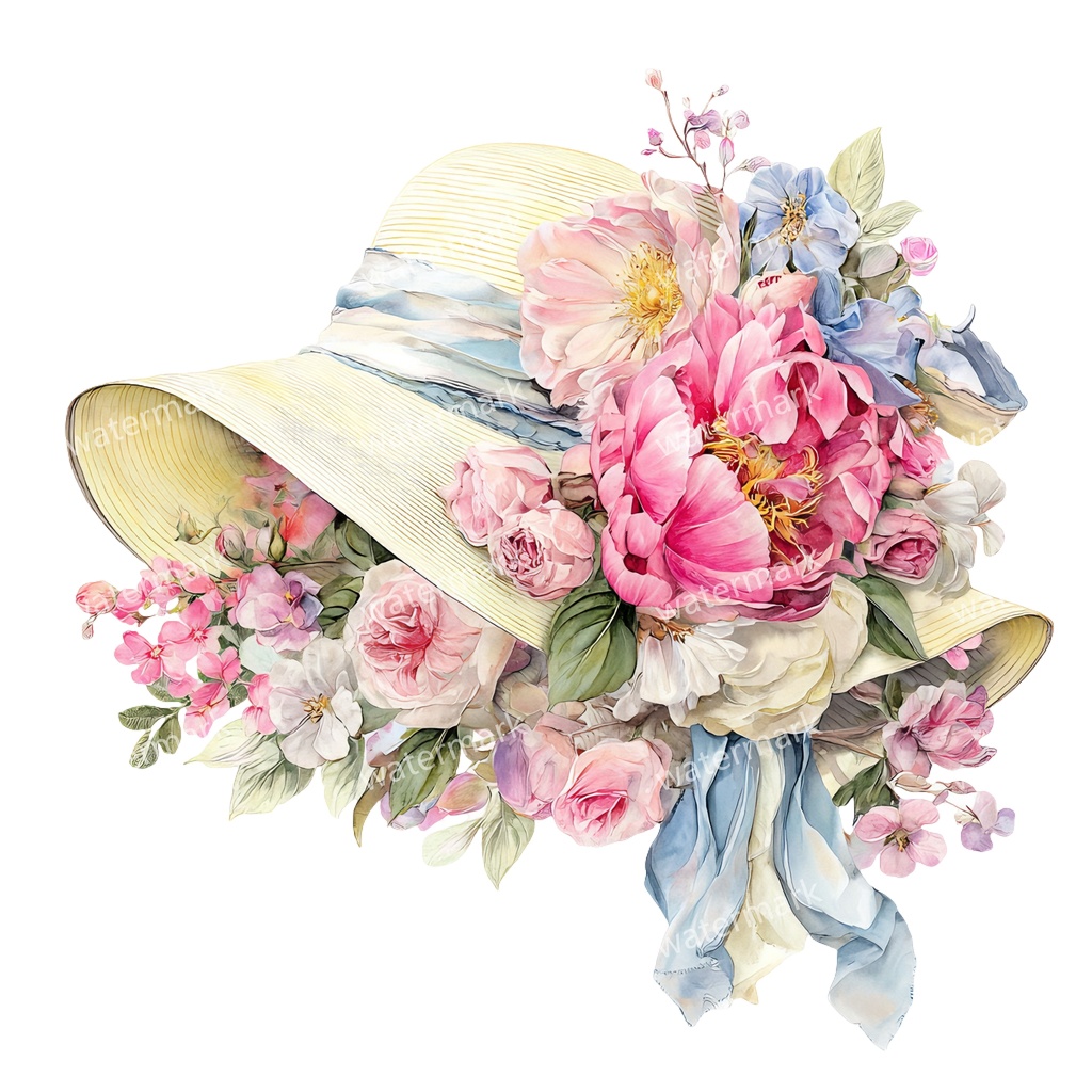 【商用利用可】麦わら帽子と花(水彩フローラル)クリップアート20点セット|高解像度・透過PNG|印刷OK・ジャンクジャーナル・手帳デコ素材|即ダウンロード