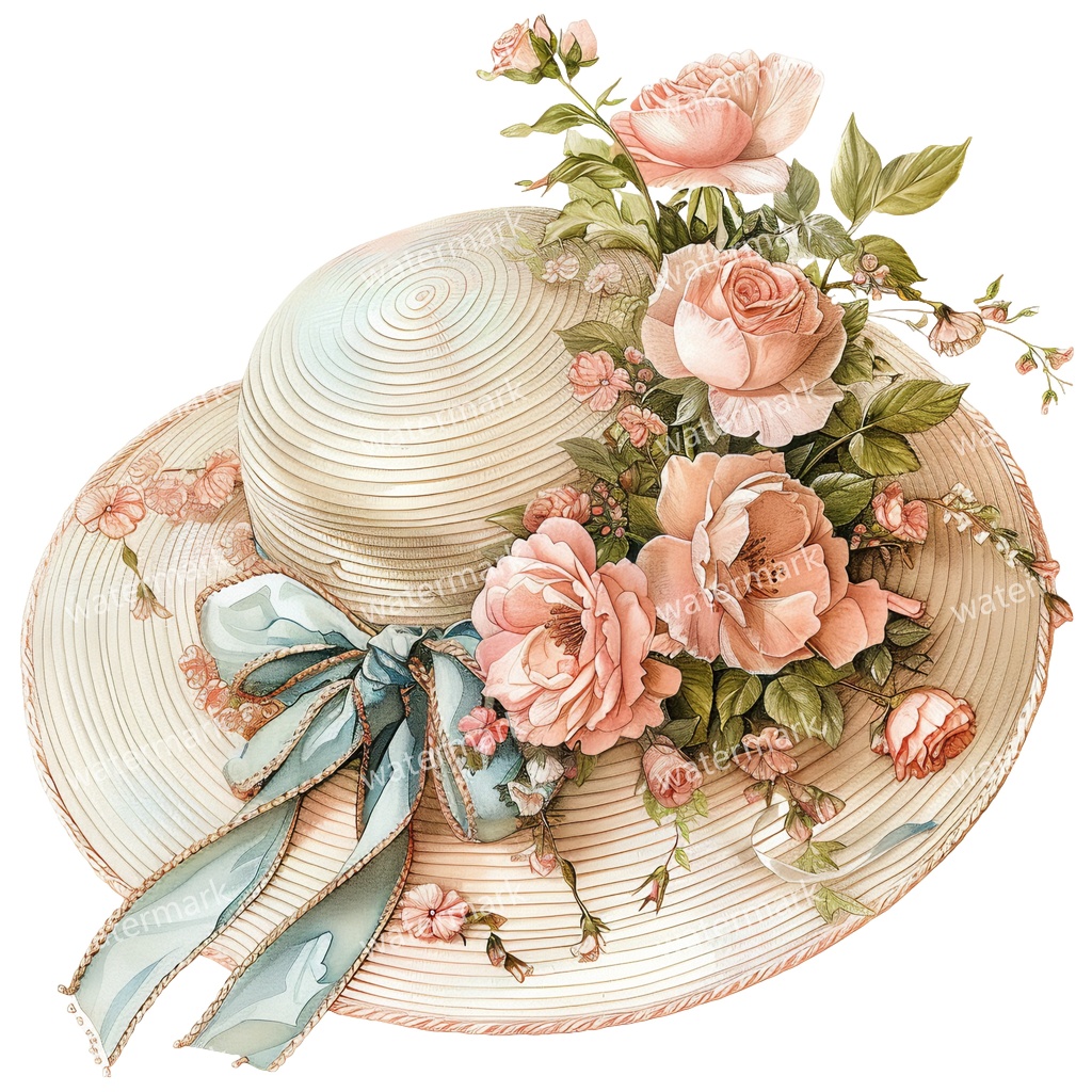 【商用利用可】麦わら帽子と花(水彩フローラル)クリップアート20点セット|高解像度・透過PNG|印刷OK・ジャンクジャーナル・手帳デコ素材|即ダウンロード