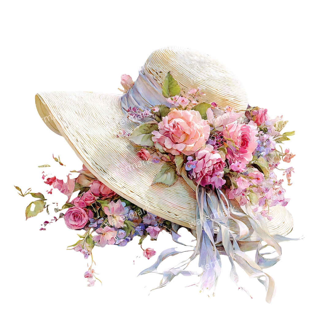 【商用利用可】麦わら帽子と花(水彩フローラル)クリップアート20点セット|高解像度・透過PNG|印刷OK・ジャンクジャーナル・手帳デコ素材|即ダウンロード