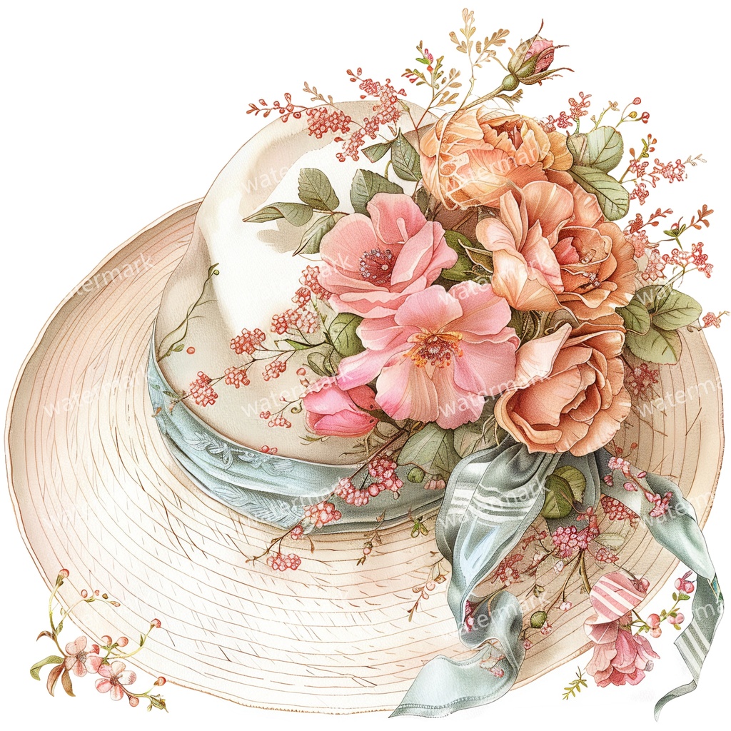 【商用利用可】麦わら帽子と花(水彩フローラル)クリップアート20点セット|高解像度・透過PNG|印刷OK・ジャンクジャーナル・手帳デコ素材|即ダウンロード