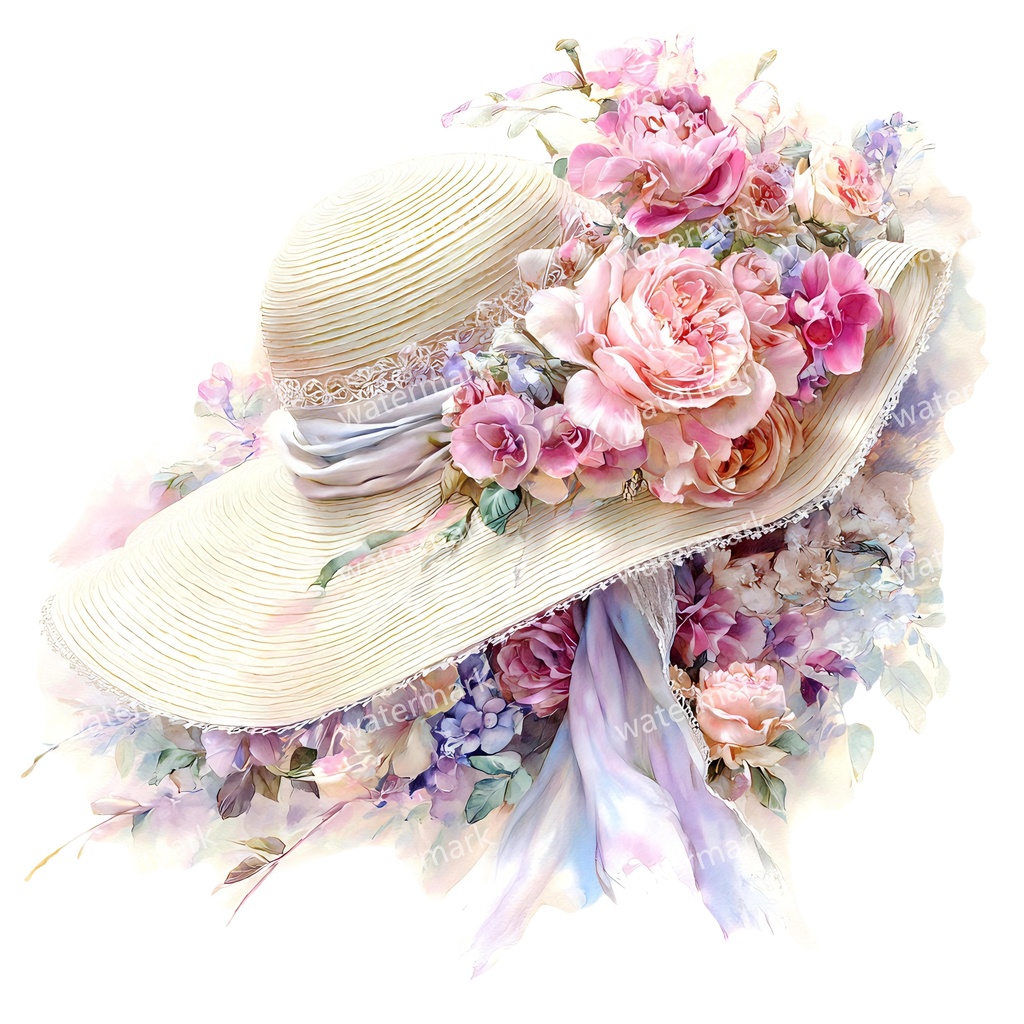 【商用利用可】麦わら帽子と花(水彩フローラル)クリップアート20点セット|高解像度・透過PNG|印刷OK・ジャンクジャーナル・手帳デコ素材|即ダウンロード