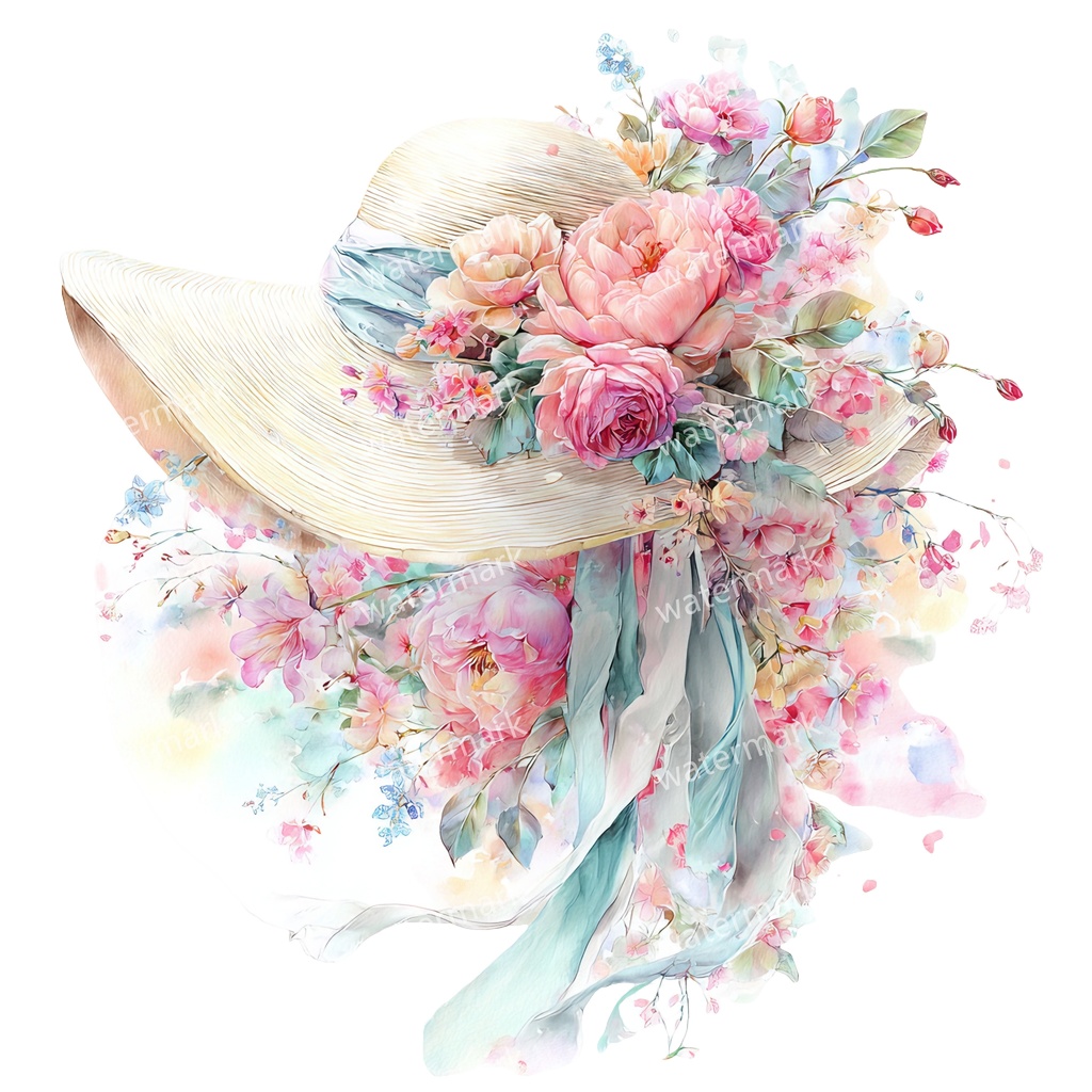 【商用利用可】麦わら帽子と花(水彩フローラル)クリップアート20点セット|高解像度・透過PNG|印刷OK・ジャンクジャーナル・手帳デコ素材|即ダウンロード