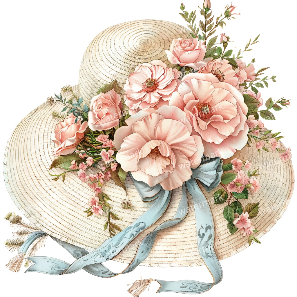 【商用利用可】麦わら帽子と花(水彩フローラル)クリップアート20点セット|高解像度・透過PNG|印刷OK・ジャンクジャーナル・手帳デコ素材|即ダウンロード