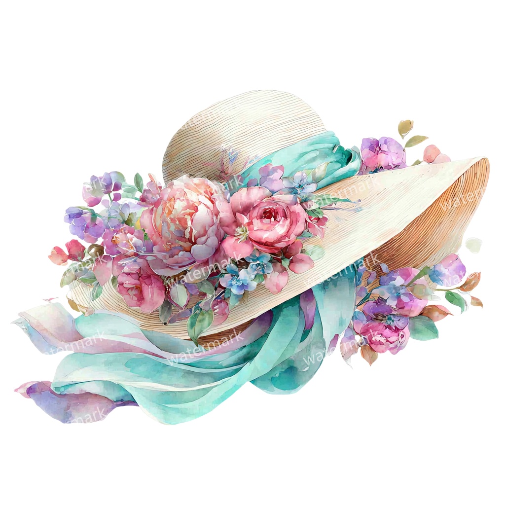 【商用利用可】麦わら帽子と花(水彩フローラル)クリップアート20点セット|高解像度・透過PNG|印刷OK・ジャンクジャーナル・手帳デコ素材|即ダウンロード