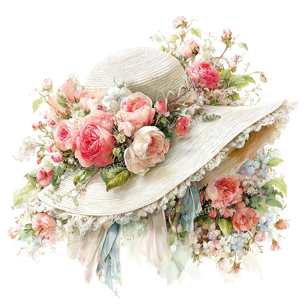 【商用利用可】麦わら帽子と花(水彩フローラル)クリップアート20点セット|高解像度・透過PNG|印刷OK・ジャンクジャーナル・手帳デコ素材|即ダウンロード