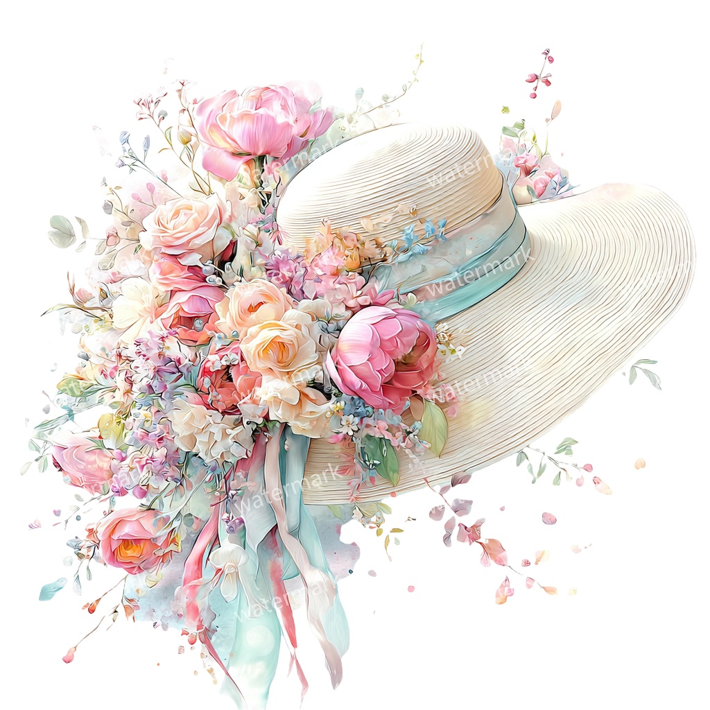 【商用利用可】麦わら帽子と花(水彩フローラル)クリップアート20点セット|高解像度・透過PNG|印刷OK・ジャンクジャーナル・手帳デコ素材|即ダウンロード