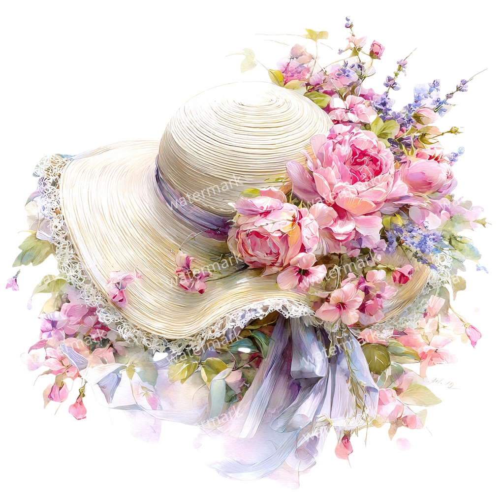 【商用利用可】麦わら帽子と花（水彩フローラル）クリップアート20点セット｜高解像度・透過PNG｜印刷OK・ジャンクジャーナル・手帳デコ素材｜即ダウンロード