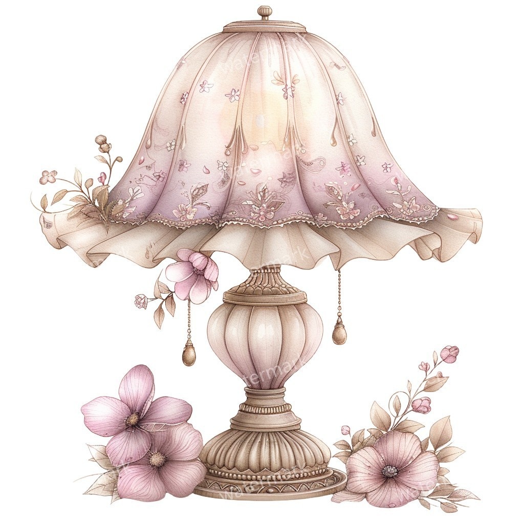 【商用利用可】テーブルランプ(水彩インテリア)クリップアート17点セット|高解像度・透過PNG|印刷OK・コラージュ・ジャンクジャーナル素材|即ダウンロード