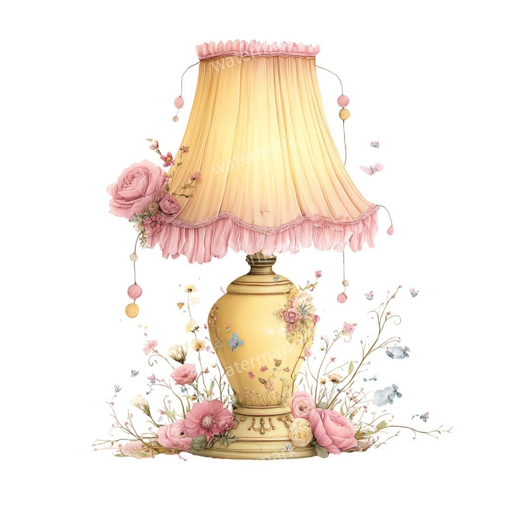 【商用利用可】テーブルランプ（水彩インテリア）クリップアート17点セット｜高解像度・透過PNG｜印刷OK・コラージュ・ジャンクジャーナル素材｜即ダウンロード