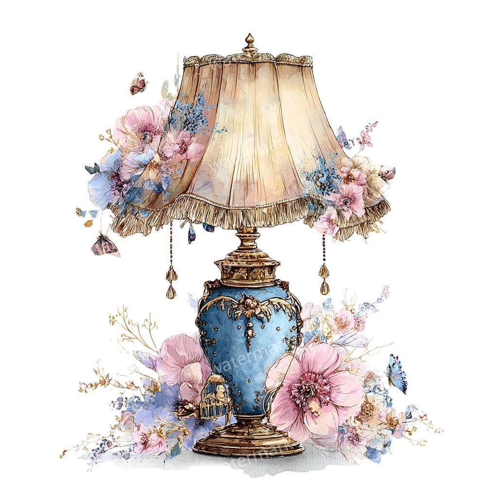 【商用利用可】テーブルランプ(水彩インテリア)クリップアート17点セット|高解像度・透過PNG|印刷OK・コラージュ・ジャンクジャーナル素材|即ダウンロード