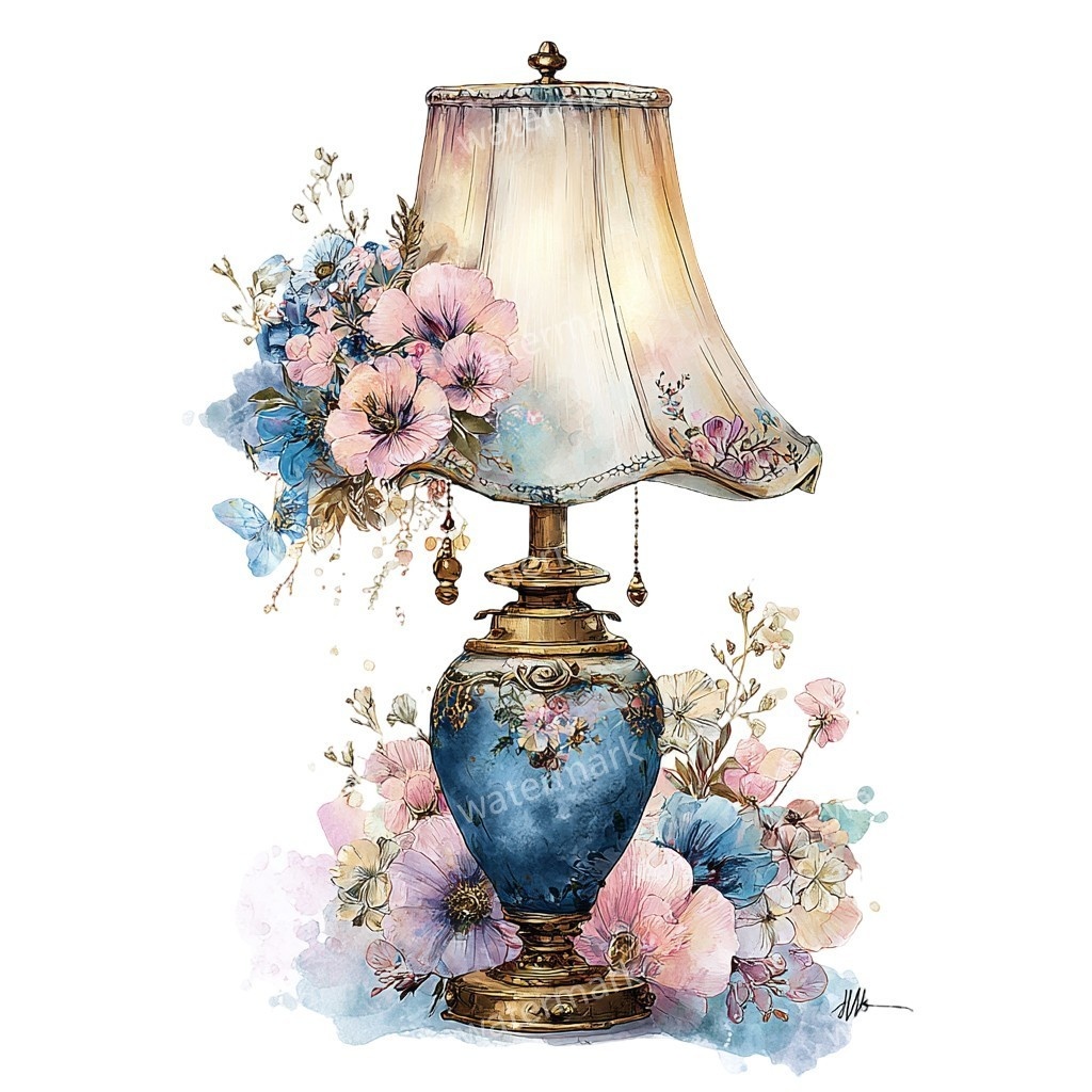 【商用利用可】テーブルランプ(水彩インテリア)クリップアート17点セット|高解像度・透過PNG|印刷OK・コラージュ・ジャンクジャーナル素材|即ダウンロード