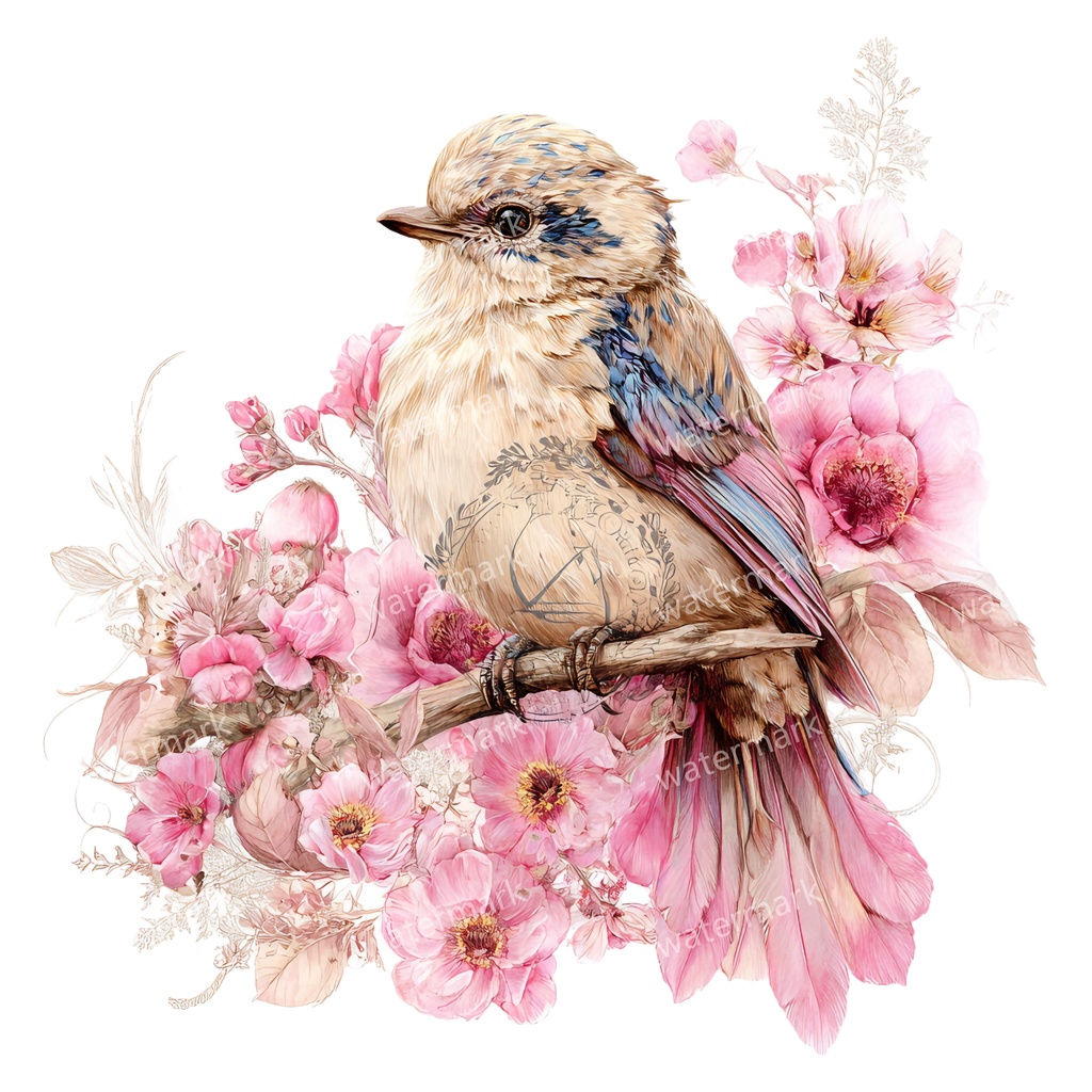 【商用利用可】花と鳥(水彩フローラルバード)クリップアート19点セット|高解像度・透過PNG|印刷OK・コラージュ・ジャンクジャーナル素材|即ダウンロード