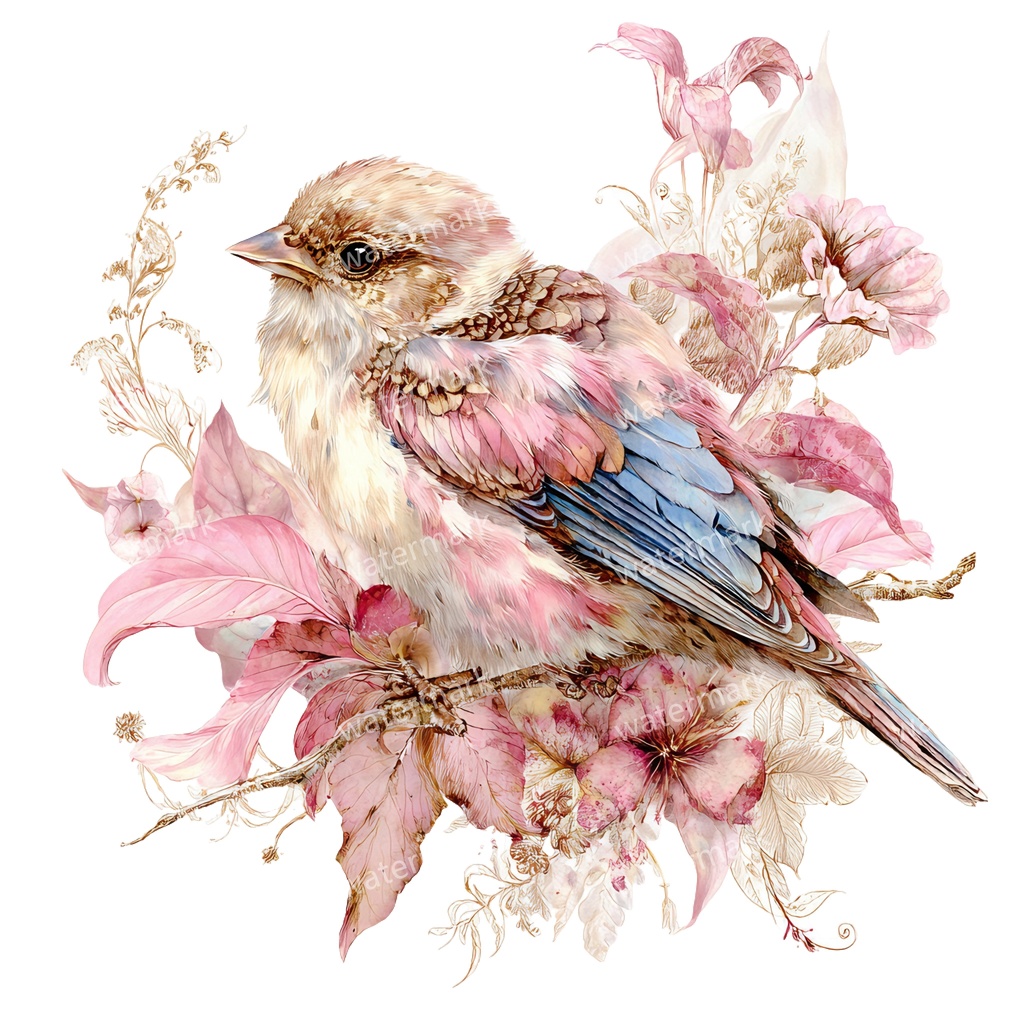 【商用利用可】花と鳥(水彩フローラルバード)クリップアート19点セット|高解像度・透過PNG|印刷OK・コラージュ・ジャンクジャーナル素材|即ダウンロード