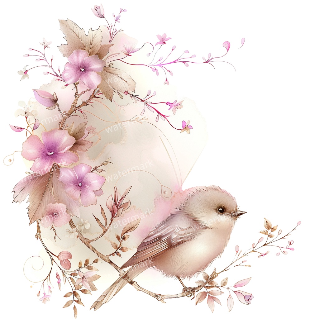 【商用利用可】花と鳥(水彩フローラルバード)クリップアート19点セット|高解像度・透過PNG|印刷OK・コラージュ・ジャンクジャーナル素材|即ダウンロード