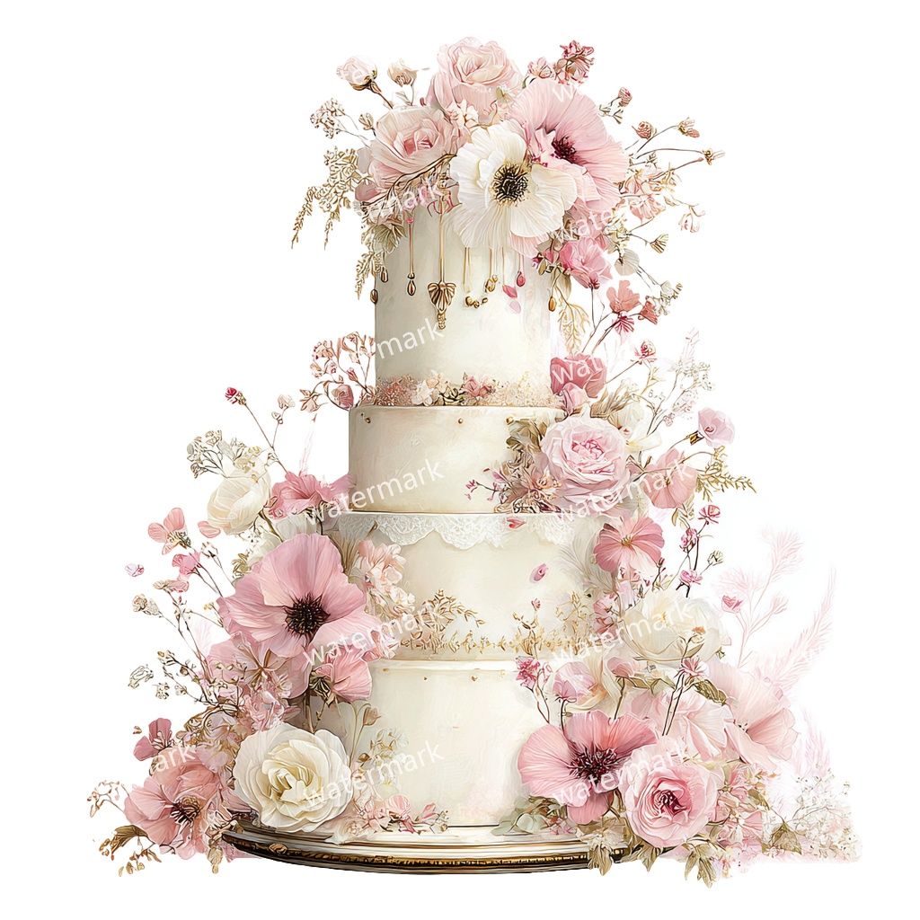 【商用利用可】ウェディングケーキ(水彩)クリップアート16点セット|高解像度・透過PNG|結婚式・コラージュ・ジャンクジャーナル素材|即ダウンロード