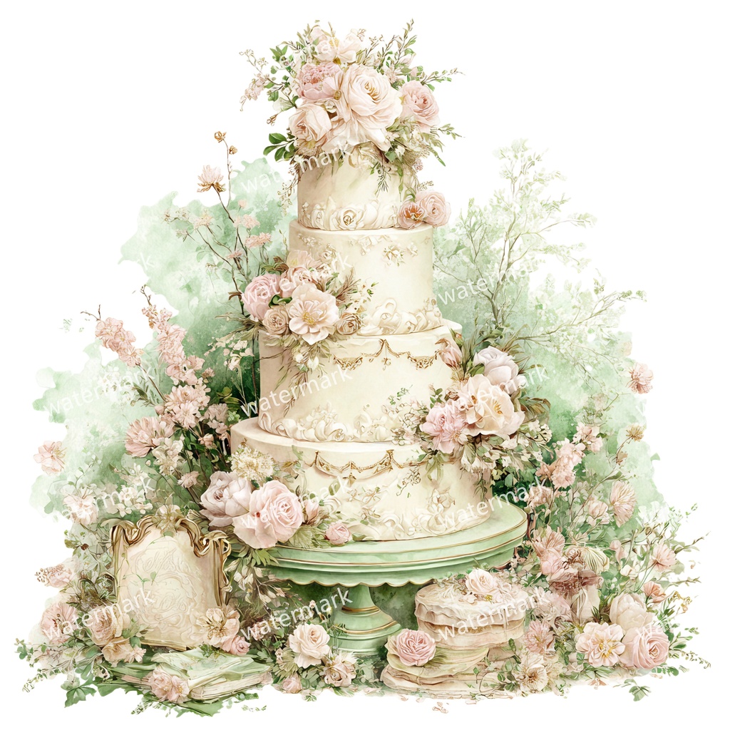 【商用利用可】ウェディングケーキ(水彩)クリップアート16点セット|高解像度・透過PNG|結婚式・コラージュ・ジャンクジャーナル素材|即ダウンロード