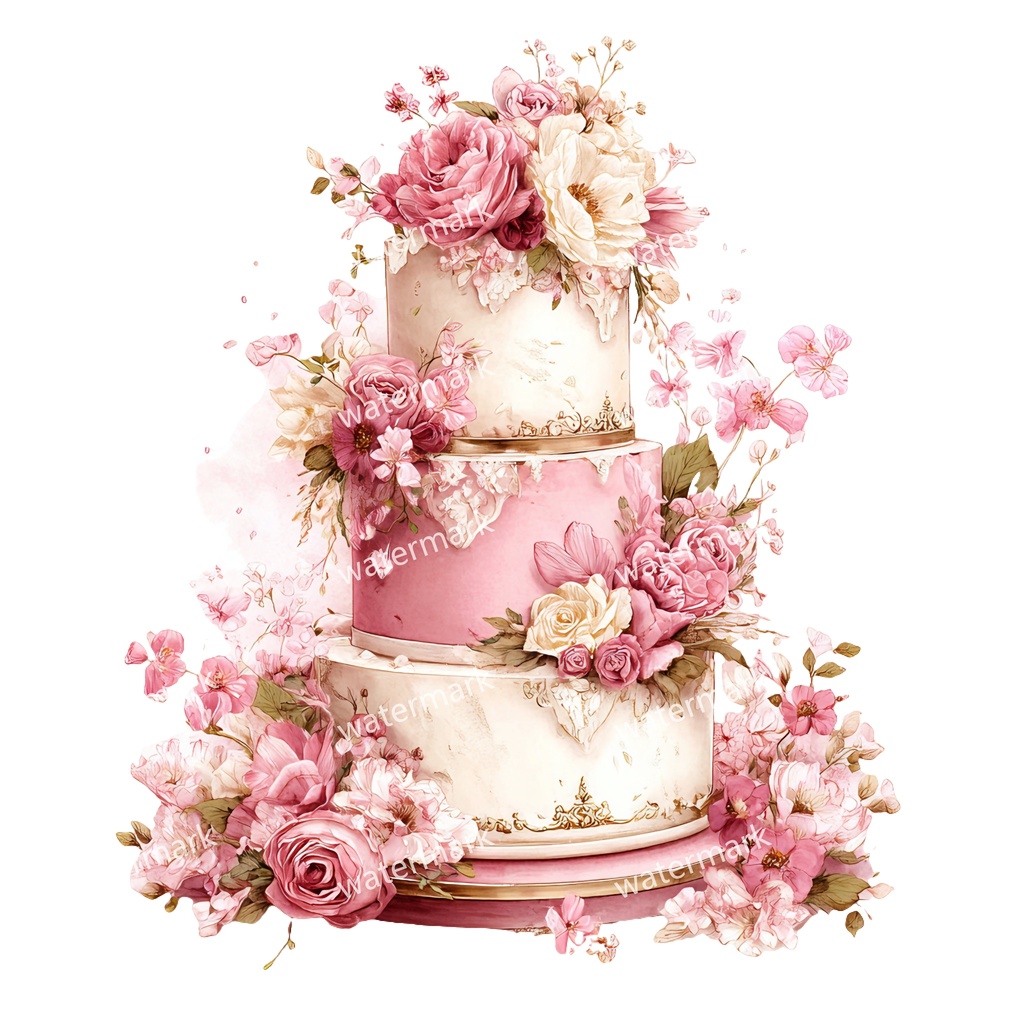 【商用利用可】ウェディングケーキ（水彩）クリップアート16点セット｜高解像度・透過PNG｜結婚式・コラージュ・ジャンクジャーナル素材｜即ダウンロード