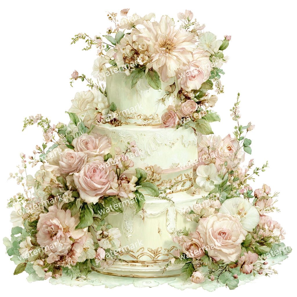 【商用利用可】ウェディングケーキ(水彩)クリップアート16点セット|高解像度・透過PNG|結婚式・コラージュ・ジャンクジャーナル素材|即ダウンロード