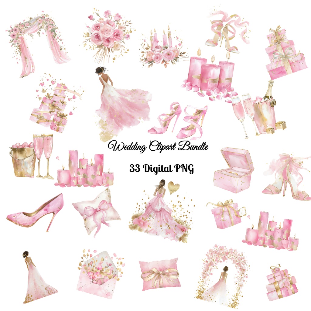 【商用利用可】ウェディング水彩クリップアート33点バンドル｜高解像度・透過PNG｜結婚式・コラージュ・ジャンクジャーナル素材｜即ダウンロード