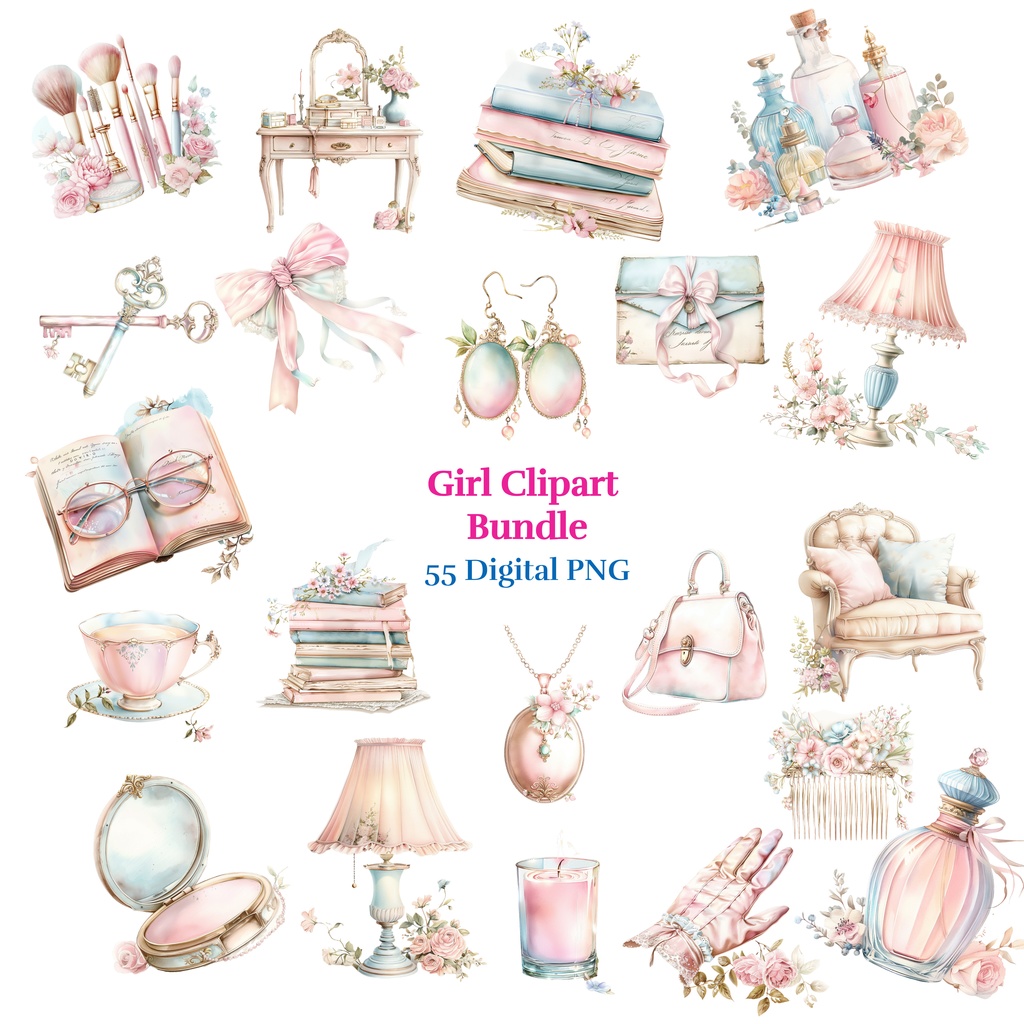 【商用利用可】ガール水彩クリップアート55点バンドル｜高解像度・透過PNG｜印刷OK・コラージュ・ジャンクジャーナル素材｜即ダウンロード