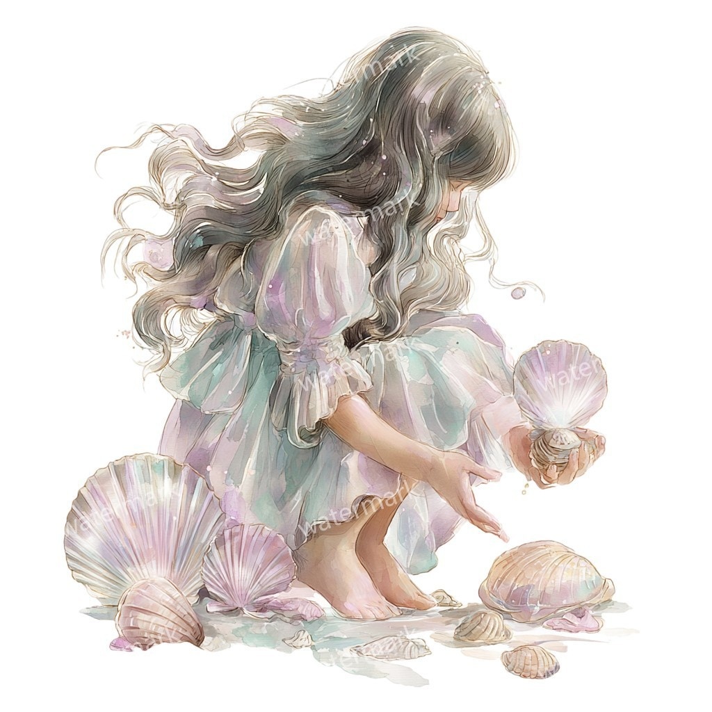 【商用利用可】女の子と貝殻(水彩マリン)クリップアート18点セット|高解像度・透過PNG|印刷OK・コラージュ・ジャンクジャーナル素材|即ダウンロード