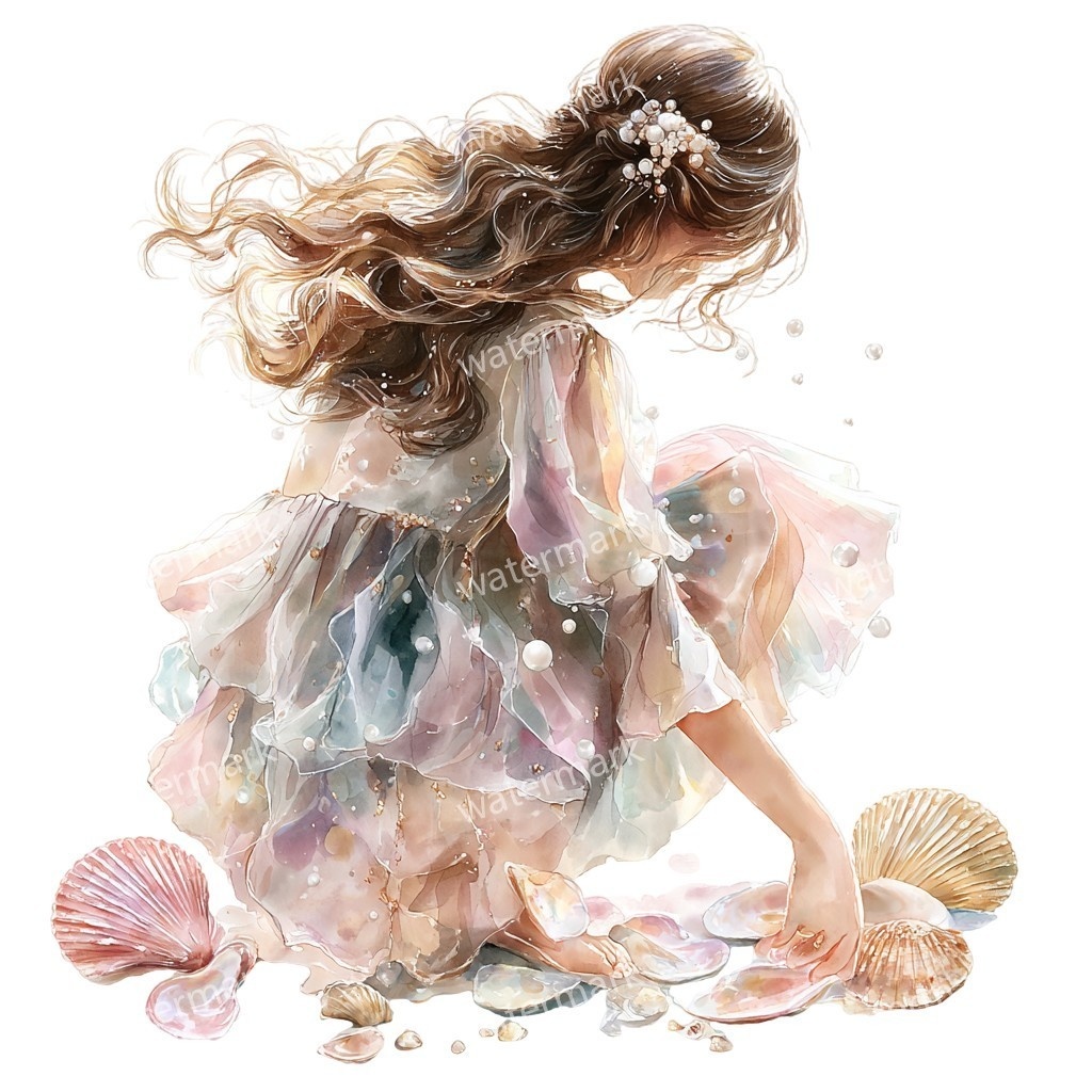 【商用利用可】女の子と貝殻(水彩マリン)クリップアート18点セット|高解像度・透過PNG|印刷OK・コラージュ・ジャンクジャーナル素材|即ダウンロード