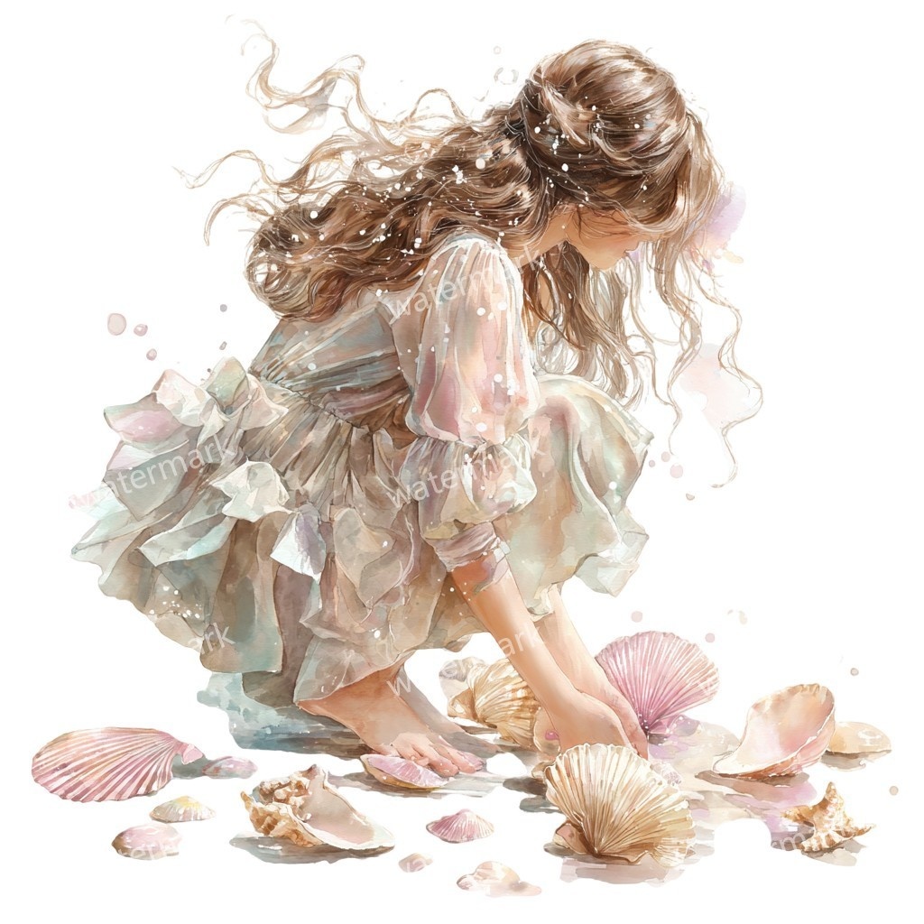 【商用利用可】女の子と貝殻(水彩マリン)クリップアート18点セット|高解像度・透過PNG|印刷OK・コラージュ・ジャンクジャーナル素材|即ダウンロード