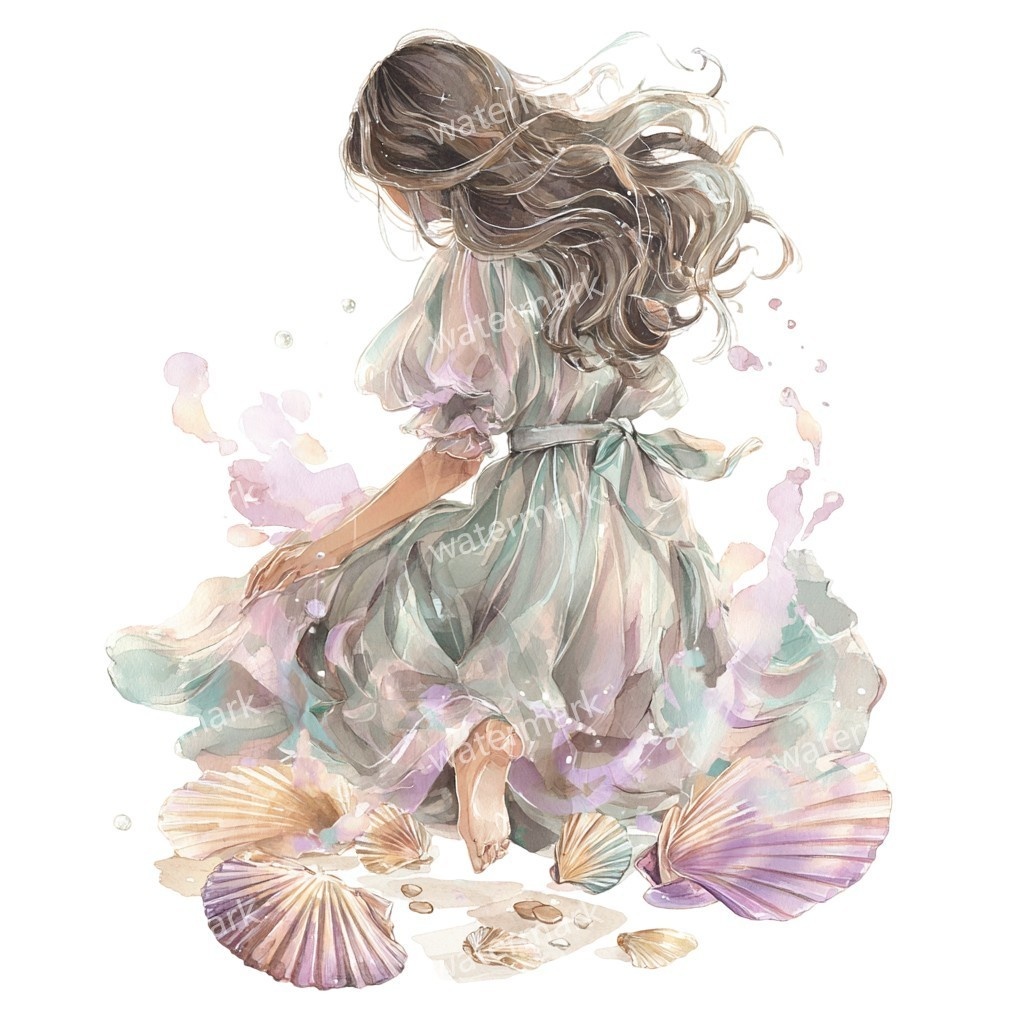 【商用利用可】女の子と貝殻(水彩マリン)クリップアート18点セット|高解像度・透過PNG|印刷OK・コラージュ・ジャンクジャーナル素材|即ダウンロード