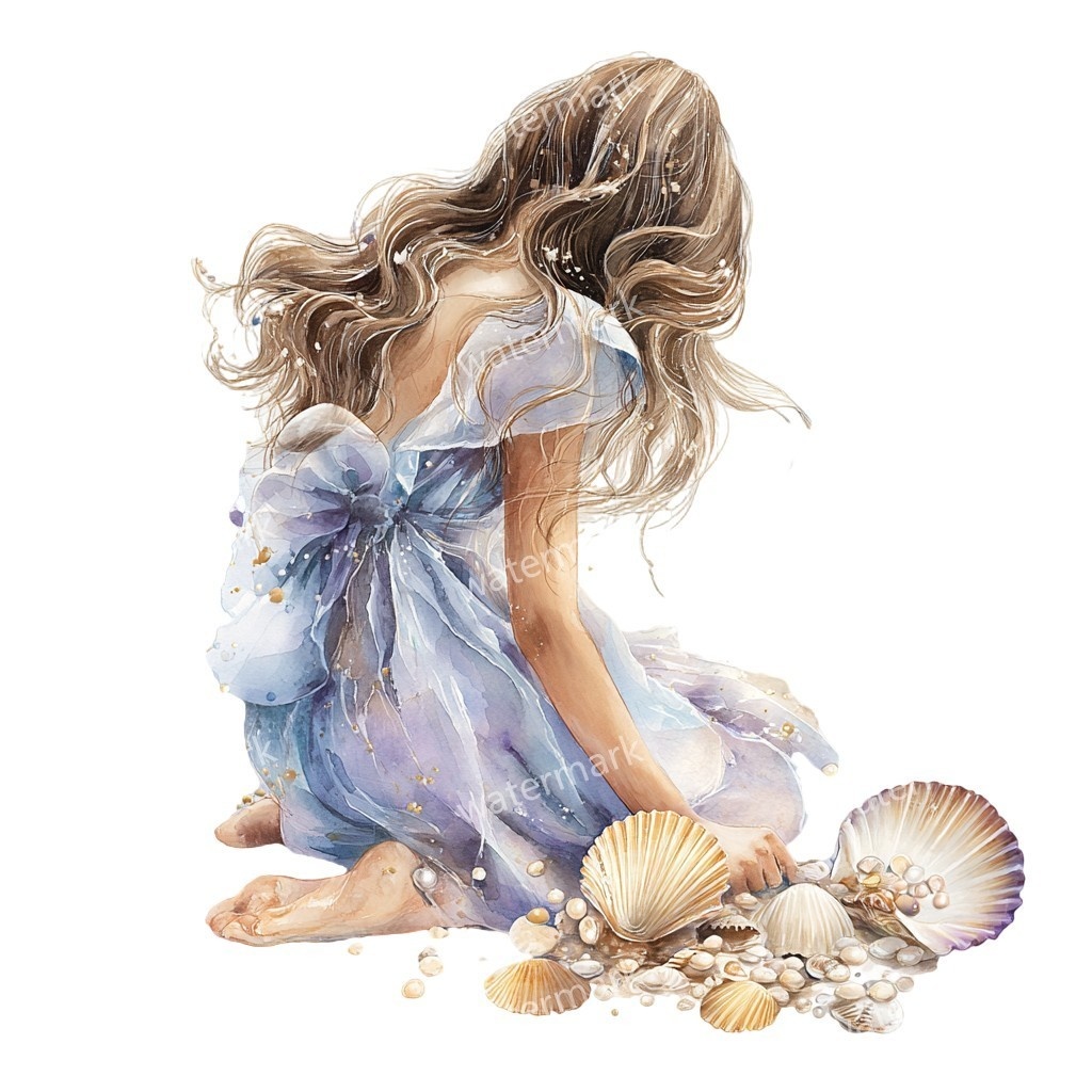 【商用利用可】女の子と貝殻(水彩マリン)クリップアート18点セット|高解像度・透過PNG|印刷OK・コラージュ・ジャンクジャーナル素材|即ダウンロード